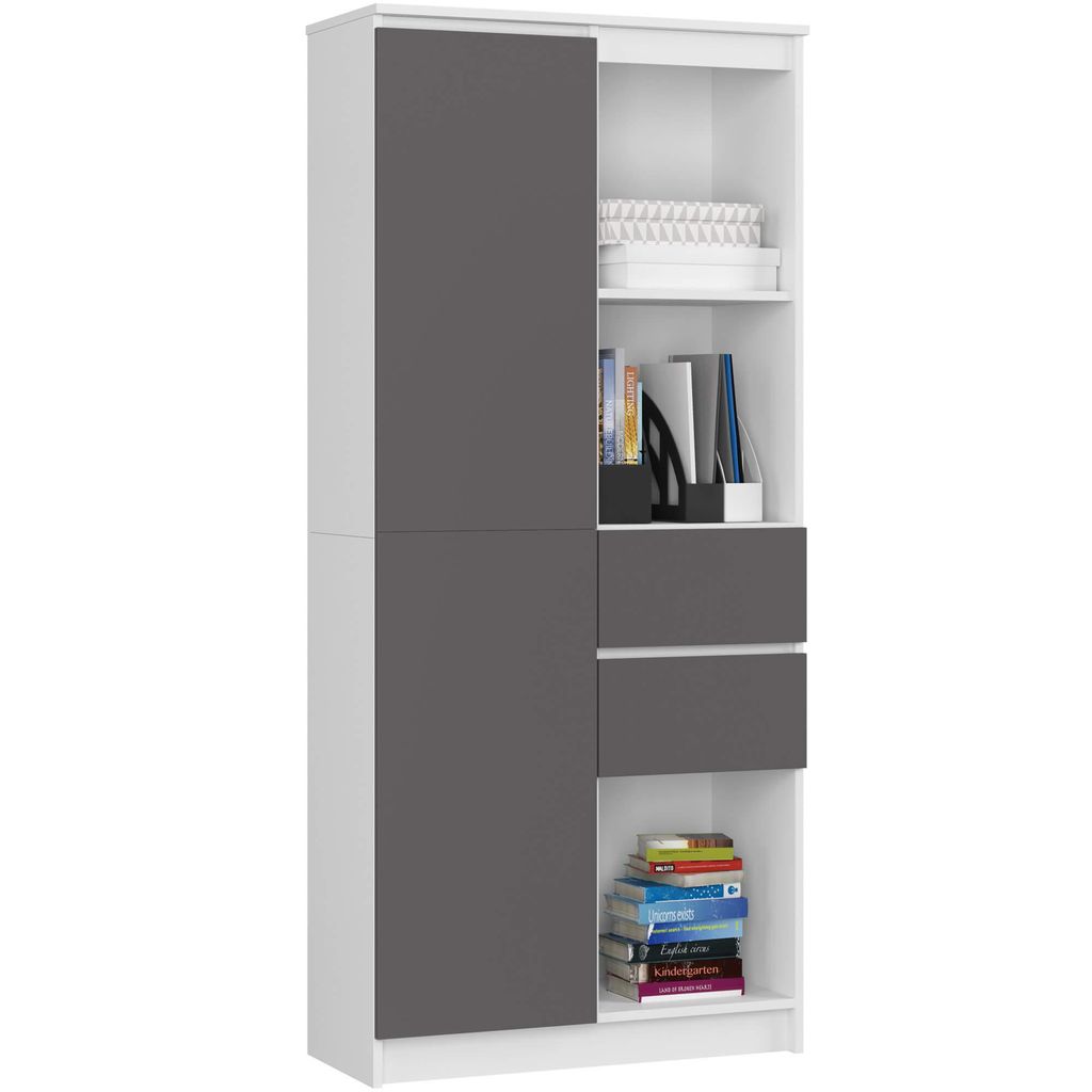 Hoher Regalschrank – Bücherregale – Regal – CLP – 80 cm – Weiß / Graphit – Modernes Standregal mit Tür und 2 Schubladen