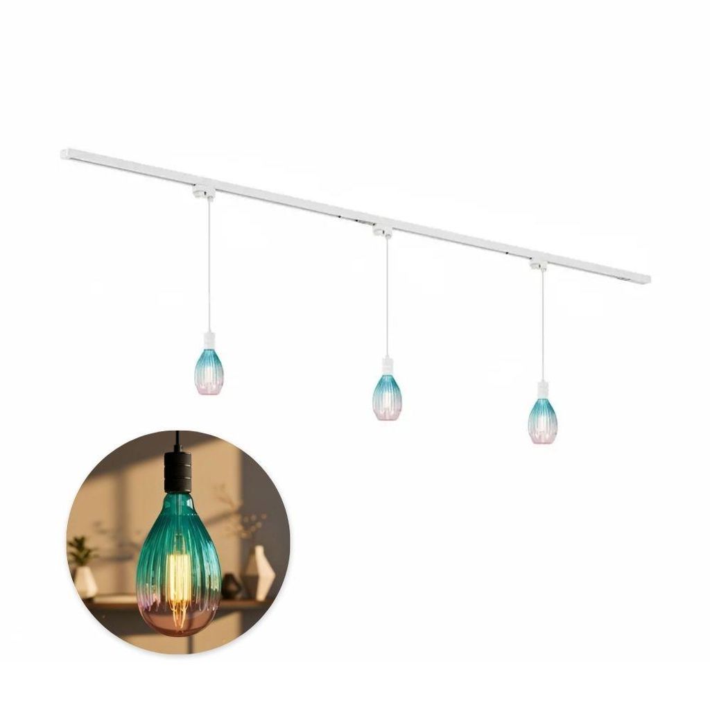 Qub 1-Phasen Schienensystem - 200cm - 3x Solune E27 Filament Pendelleuchten - I-Form - Weiß - Rosa-Blauer Farbverlauf - Modernes Design