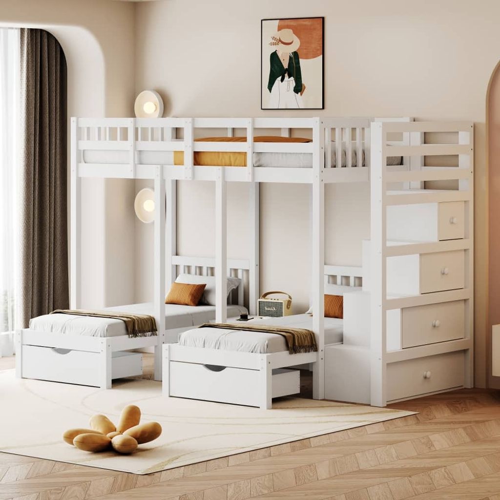 AIORBER Hochbett, für 3 Kinder, Kinderbett, Massivholz, mit Stauraum und Schubladen, Sicherheitsgitterdesign, Sicherheitsleiter, 248x146x163cm, Weiß