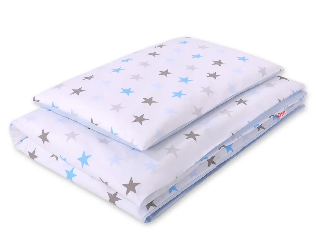 Linge de lit double face en coton motif étoiles grises et bleues 220x240