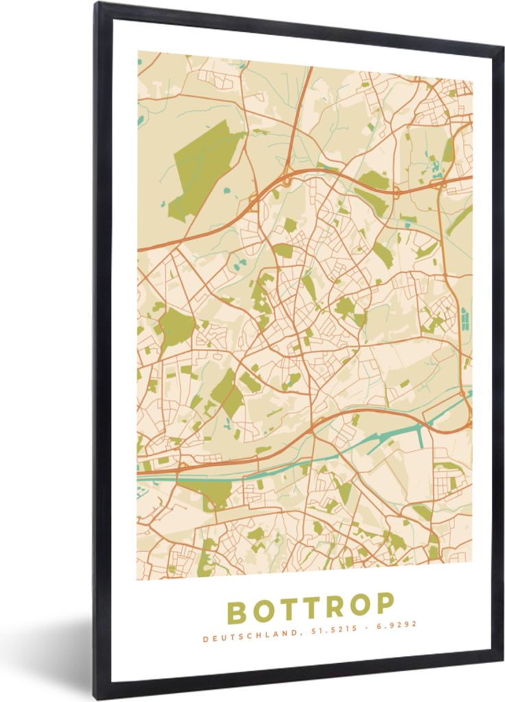 MuchoWow Gerahmtes Poster Bottrop - Karte - Vintage - Stadtplan - Grundriss 20x30 cm - Poster mit Schwarzem Bilderrahmen Wandposter Rahmen Foto B...