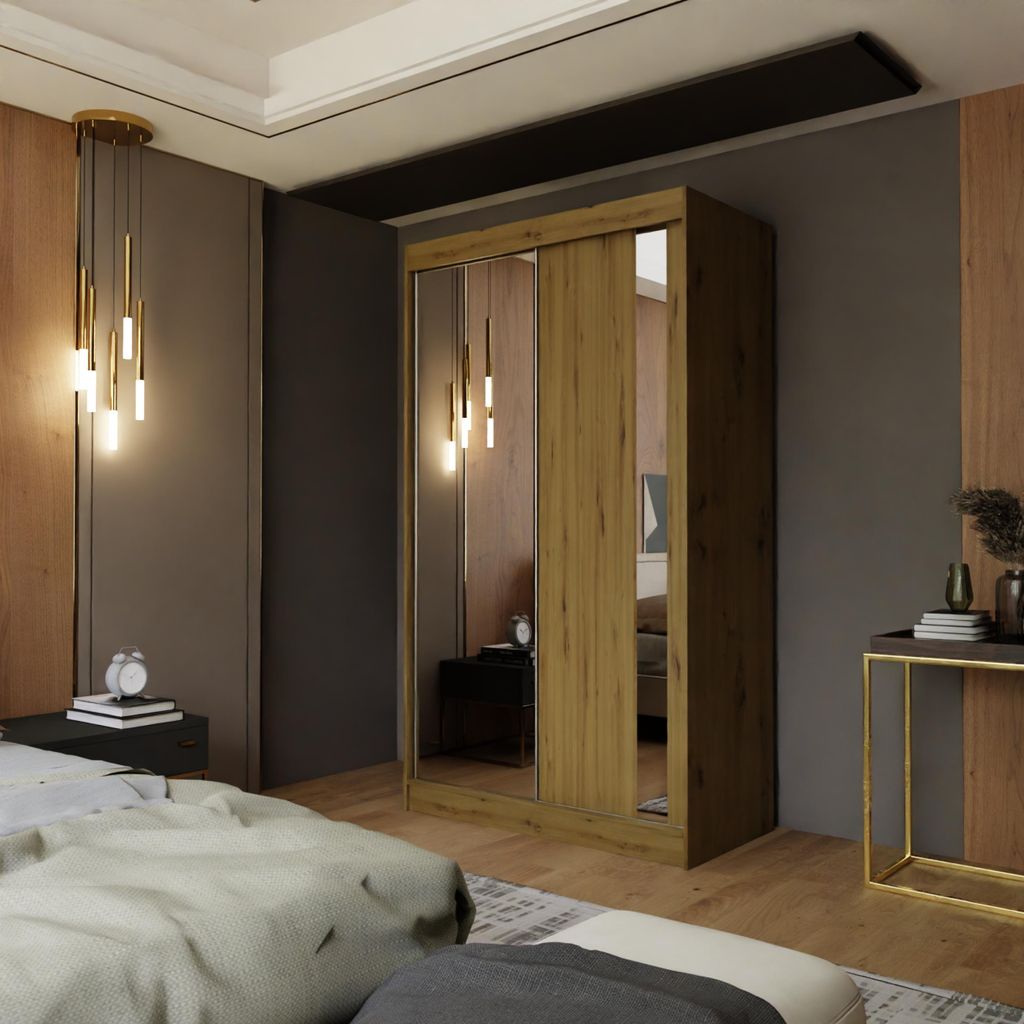 Eiche Artisan Kleiderschrank mit Spiegel 120 cm Luna Moderner Kleiderschrank mit Schiebetüren Zweitüriger Kleiderschrank für Schlafzimmer mit Kl...