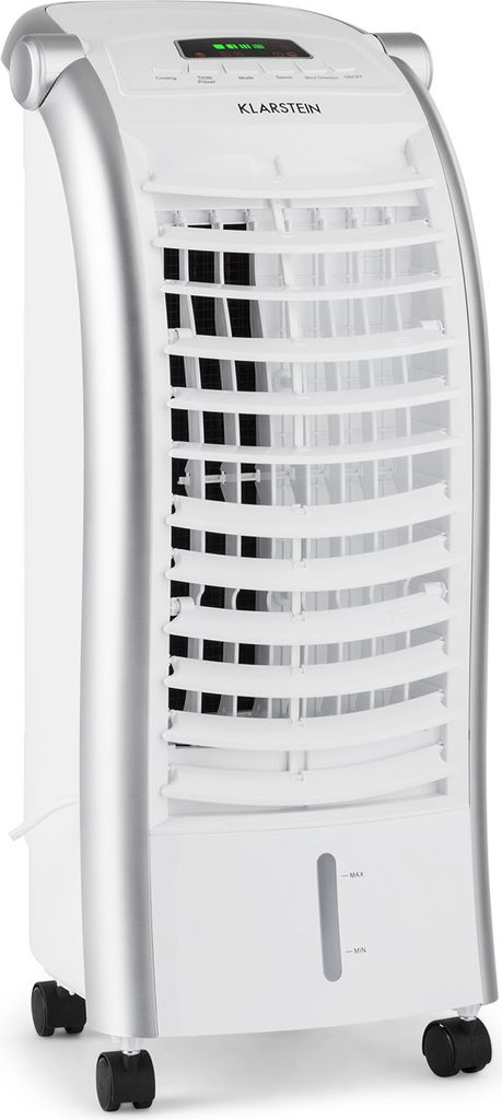 A white and silver evaporative cooler on wheels.