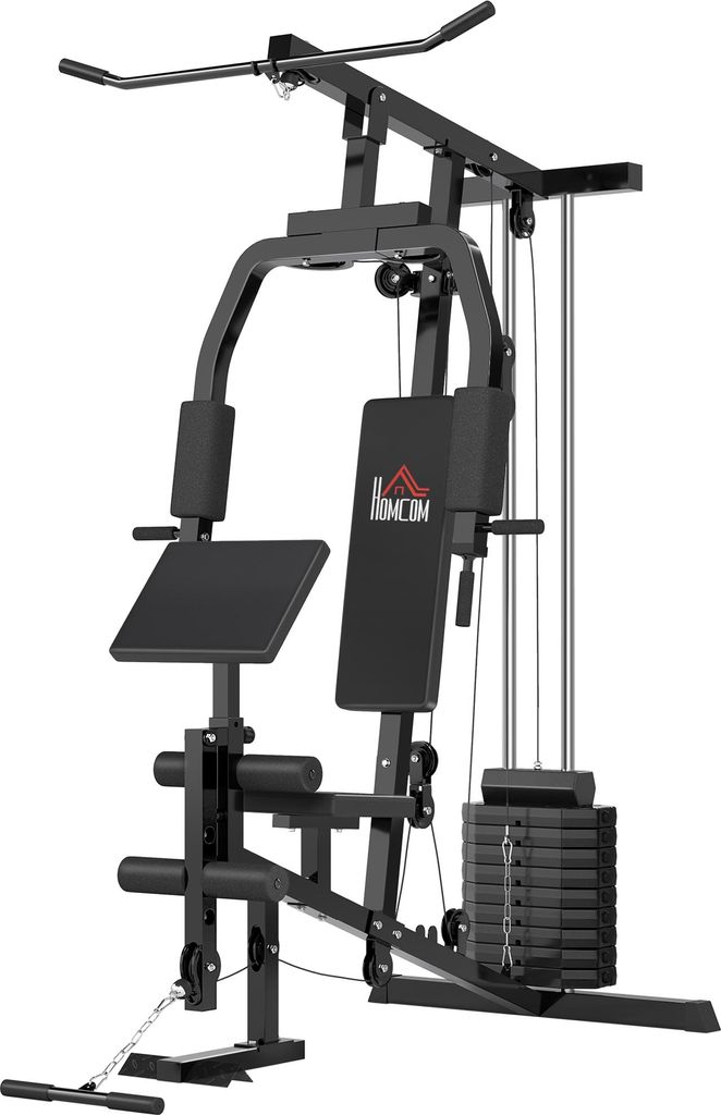 HOMCOM Gym Kraftstation Fitnessstation Multigym Fitnesscenter Fitnessgerät inkl. Gewichten mit Rollenpolsterung Stahl Kunstleder 148 x 108 x 207 cm