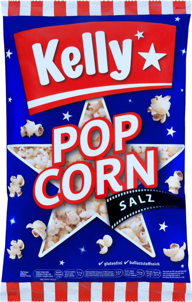 A bag of Kellys Popcorn with salt.
