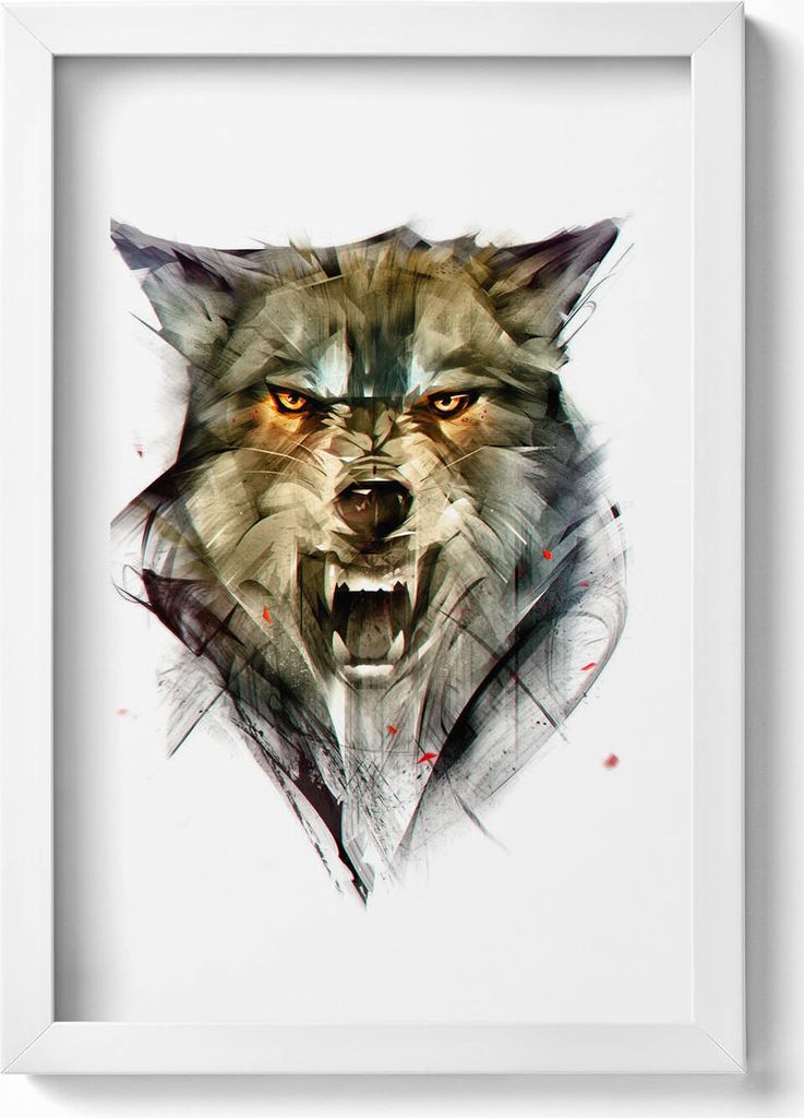 Gezeichnetes Porträt eines Wolfs– Wandbild mit Rahmen – Gerahmtes Bild – Wanddekoration – 20x30 cm – Weiß