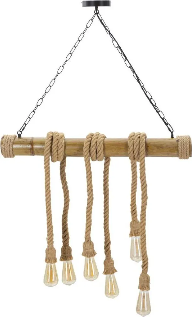 Suspension Naturelle en Bambou et Corde 6 Ampoules Lustre Marron 80 cm