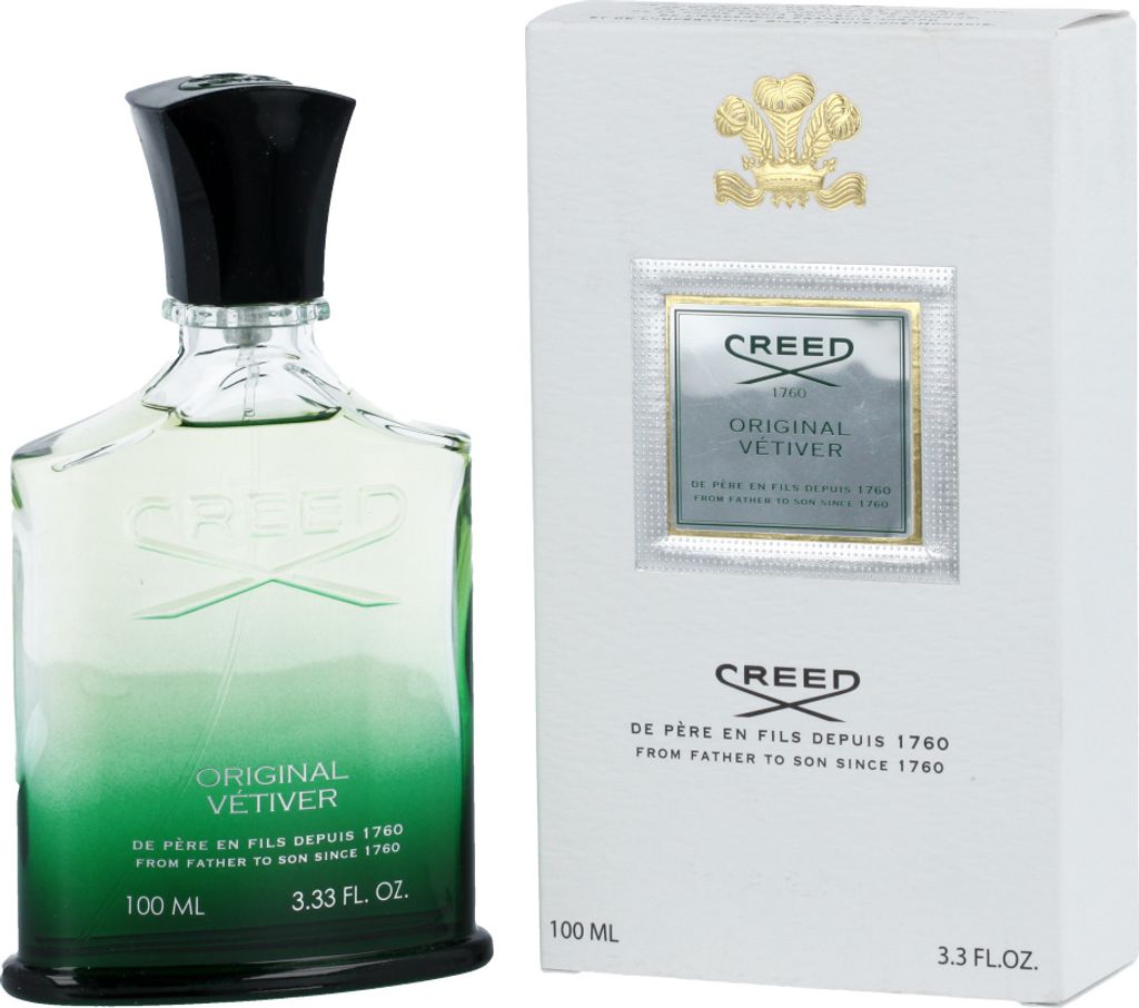 A bottle of Creed Original Vetiver Eau de Parfum and its packaging are displayed side-by-side against a white background.