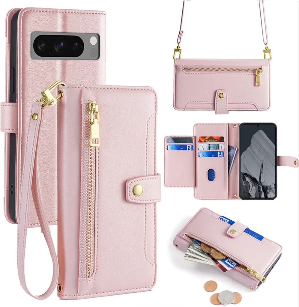 Handykette Google Hülle mit Band Handyhülle Kartenfächer Kunstleder Umhängetasche Pixel 8 Pro Rosa