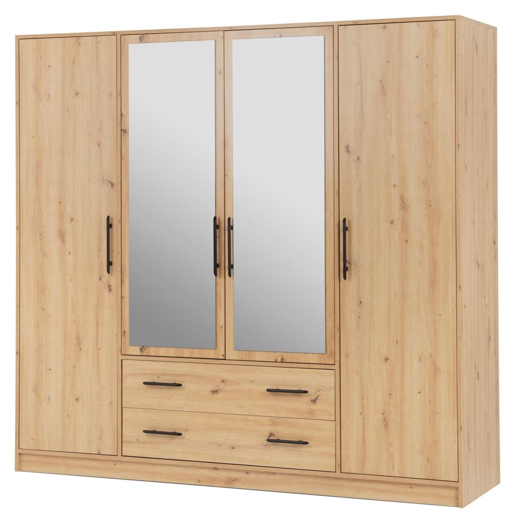 Masseno Drehtürenschrank VANO 200/190/56cm 4-türig mit Spiegel Eiche Artisan