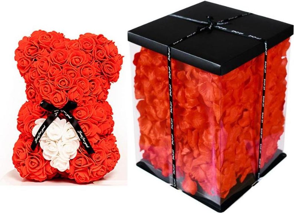 Rosenbär 25cm rot mit weißem Herz+ VERPACKUNG+ BLÜTENBLÄTTER