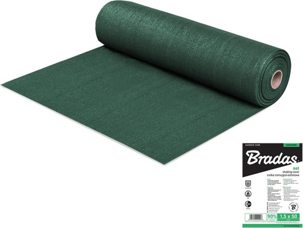 A roll of dark green shading net is shown partially unrolled on a white surface. A product label is in the bottom right corner.