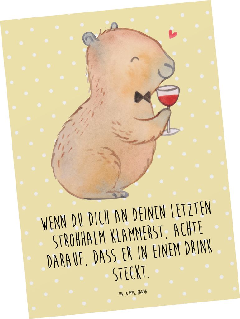 Mr. & Mrs. Panda Fotokarte Capybara Wein - Gelb Pastell - Geschenk, Ansichtskarte, Kunstkarten, Weinliebhaber, Liebe Zum Spruch, Postkarten, Postka...