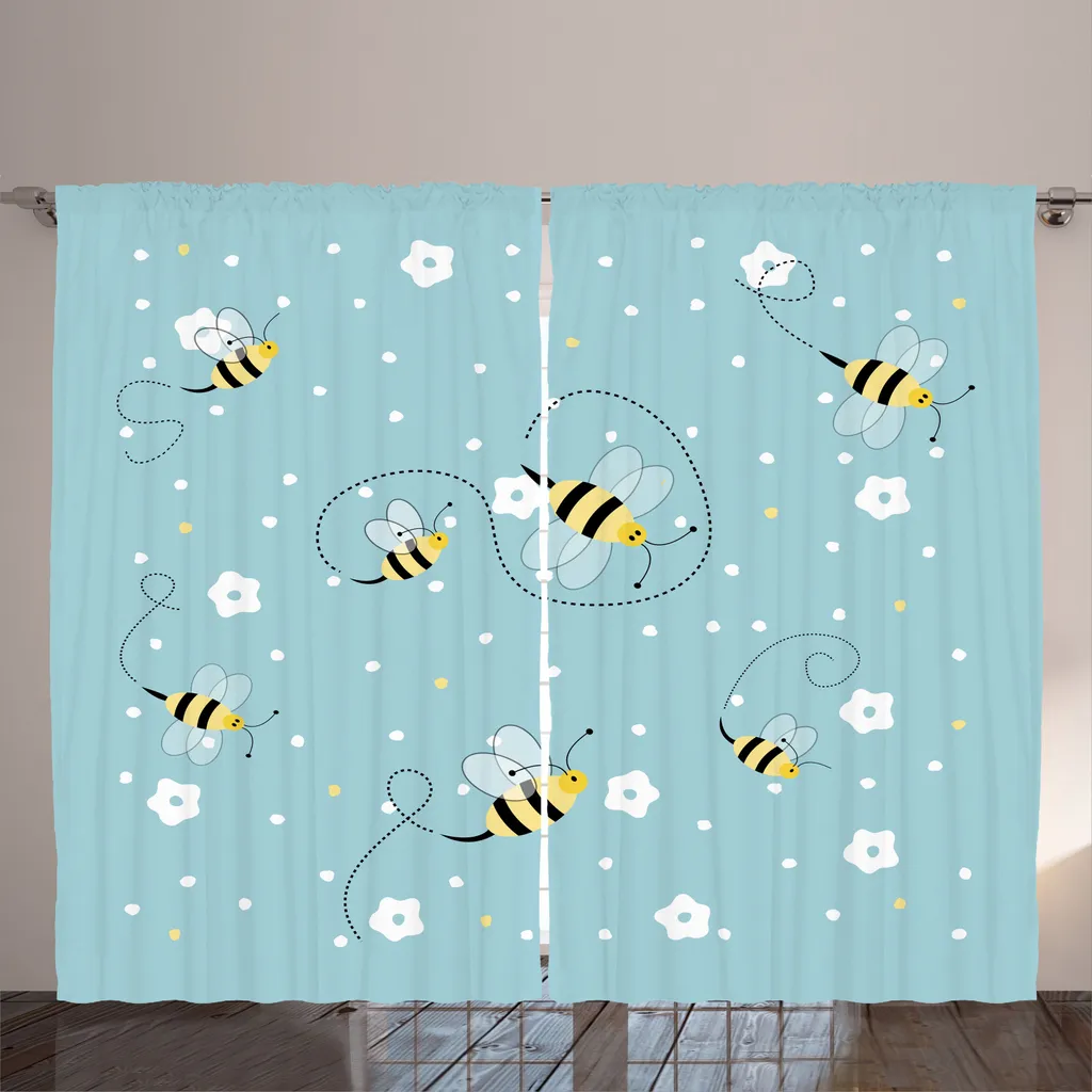 Rideau de Salon Universel Motif Floral et Abeilles Bleu Ciel 280x225 cm