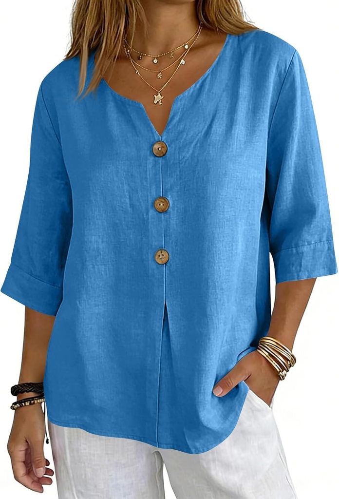 ASKSA Musselin Bluse Damen 3/4 aermel Sommerbluse Oversized Elegant V-Ausschnitt Tshirts Hawaii Hemd Leichte Kurzarm Bluse Top (Blau,XL)