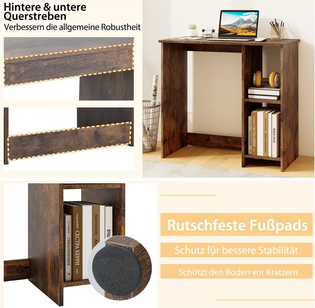 Bureau informatique compact marron avec étagères de stockage pour studio