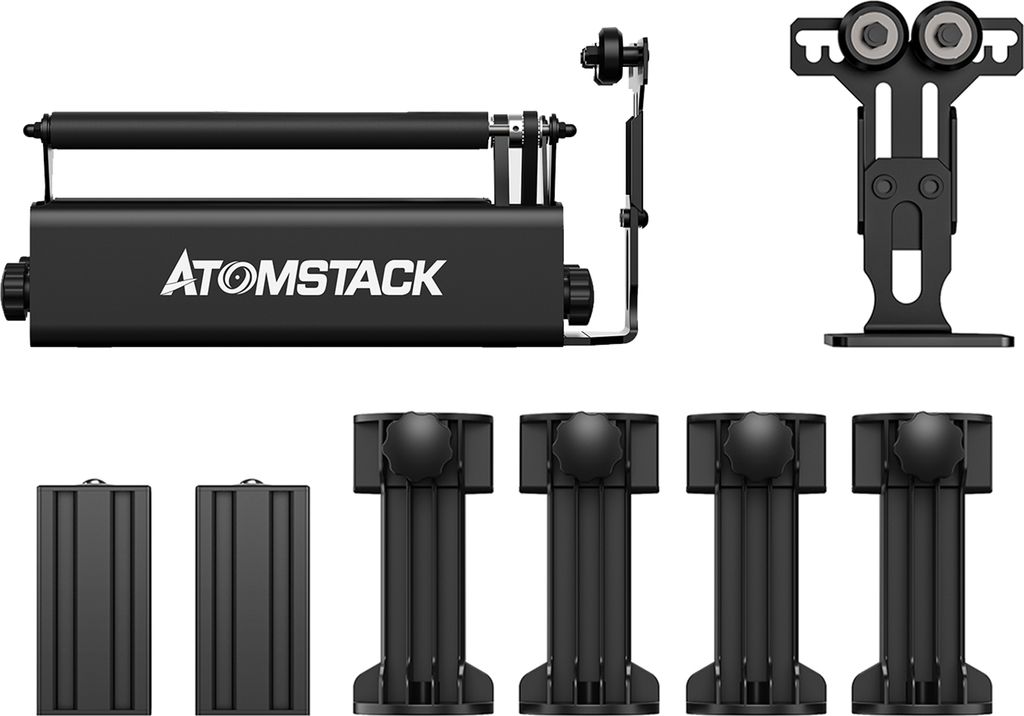 A product shot of a black ATOMSTACK R3 PRO Rotationswalze, Rotary Roller, Gravierer Y Achsen-Rotationswalzen with several accessories, all on a white background.