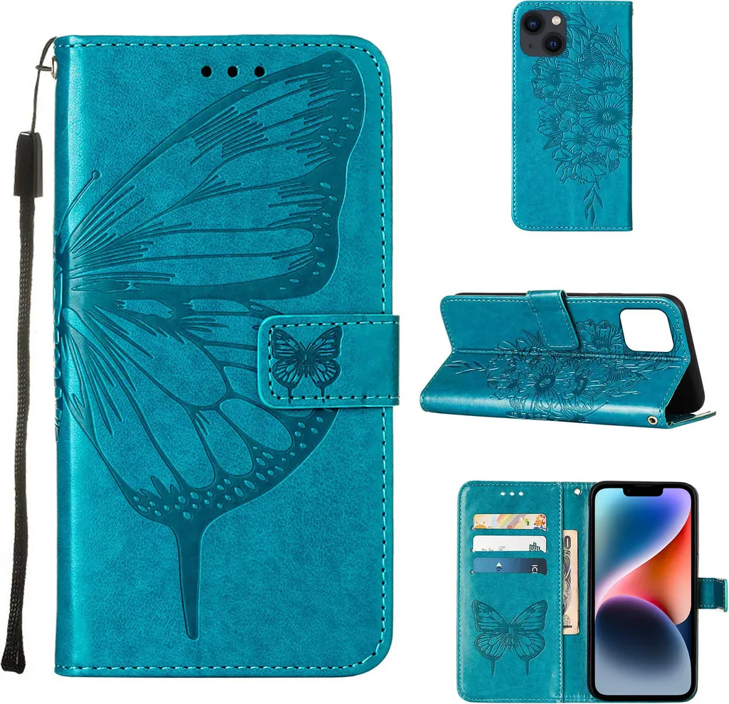 Custodia iPhone 14 Pelle Blu Farfalle Rilievo - Idea Regalo Donna
