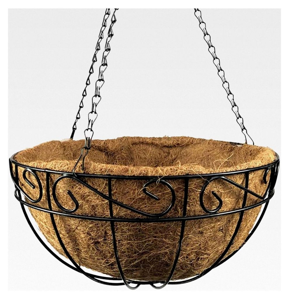 Hängende Blumenampel 36 cm, Hängetopf für Pflanzen, inklusive Kokoseinlage, schwarze Pflanzenampel, Hängeblumentopf aus Metall
