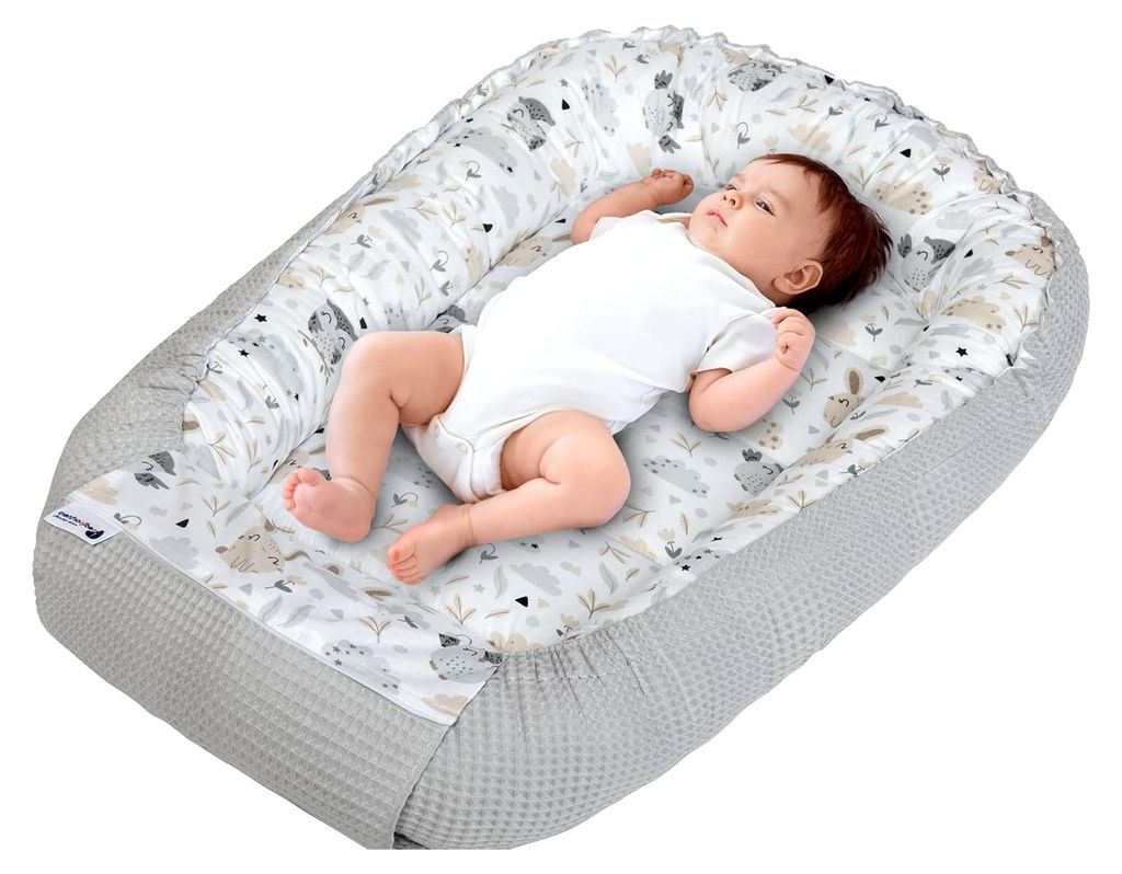 Babynest für Neugeborene - 100x60x15 cm, zweiseitiges Nest aus 100% Baumwolle, tragbar (Graue Waffel)
