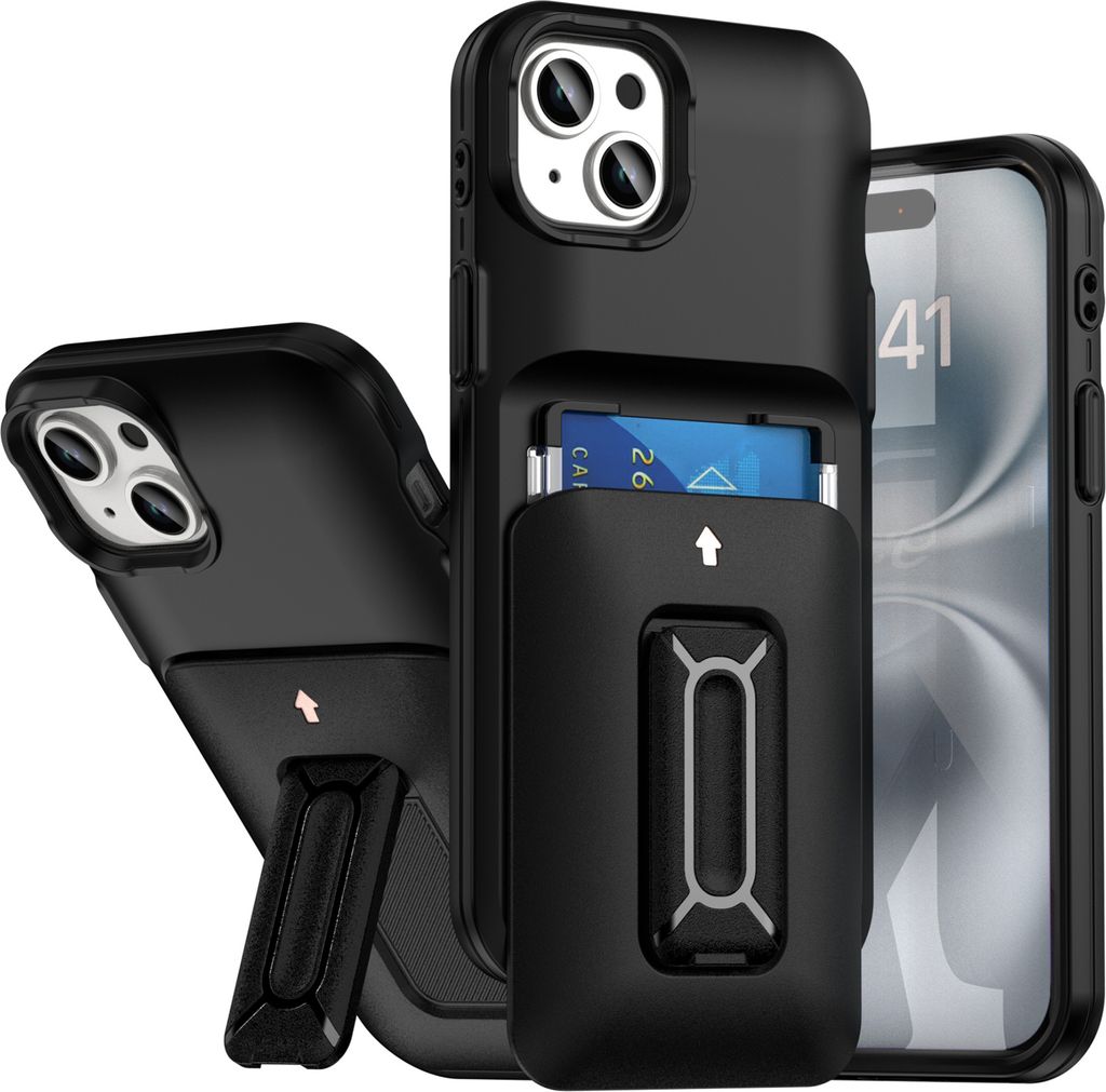 Kartenhalter Handyhülle für iPhone 15 Plus / 14 Plus, Weiches TPU Brieftasche, Heavy Duty Ständer Hülle Schwarz