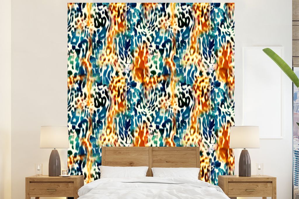 MuchoWow Fototapete für Wohnzimmer oder Schlafzimmer Wandtapete Vinyl Motivtapete Orange - Blau - Tiermuster - Muster - 225x280 cm - Wohnzimmer ...