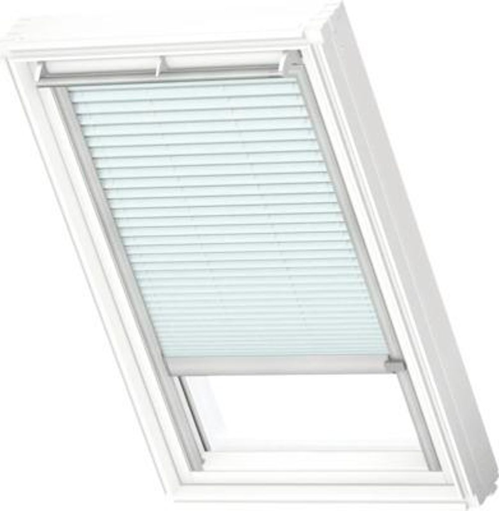 VELUX Dachfenster Plissee blickdicht himmelblau mit grauem Alu-Rahmen solarbetrieben FSL SK08 1285K