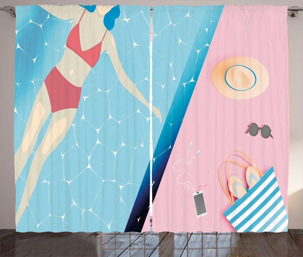 Rideau rustique bleu ciel motif Vacances d'été avec boucles 280x225cm