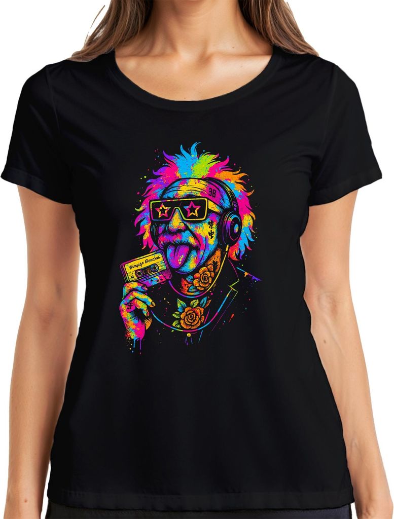 Retro Kassette Punk Professor Vintage Rocker 80er Hipster Skizze Damen T-Shirt, Schwarz, XXL
