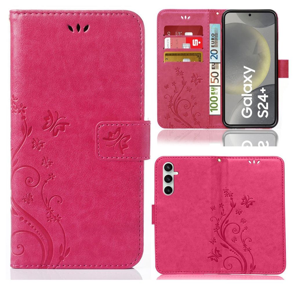A collage of images showing a pink flip phone case with a floral pattern, a phone inserted into the case, and a close-up of the case's interior card slots.