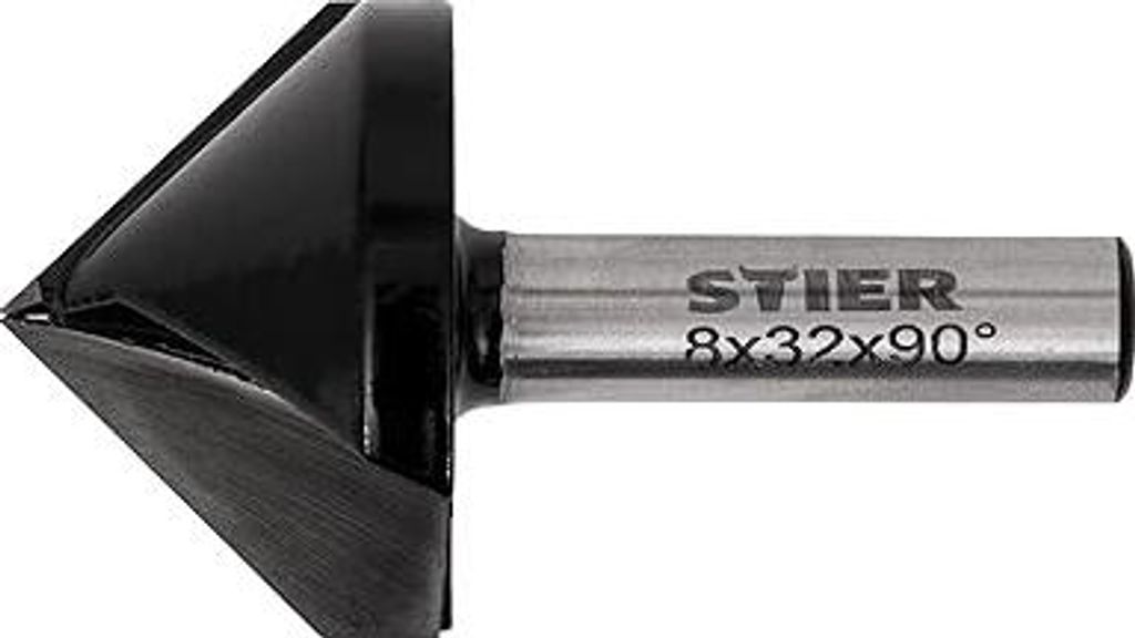 STIER Gipskartonfräser Rigipsfräser, 90° Winkel, D32 mm, 8 mm Schaft für Oberfräsen, 32 mm Durchmesser, V-Nutfräser, Schriftenfräser, Für s...