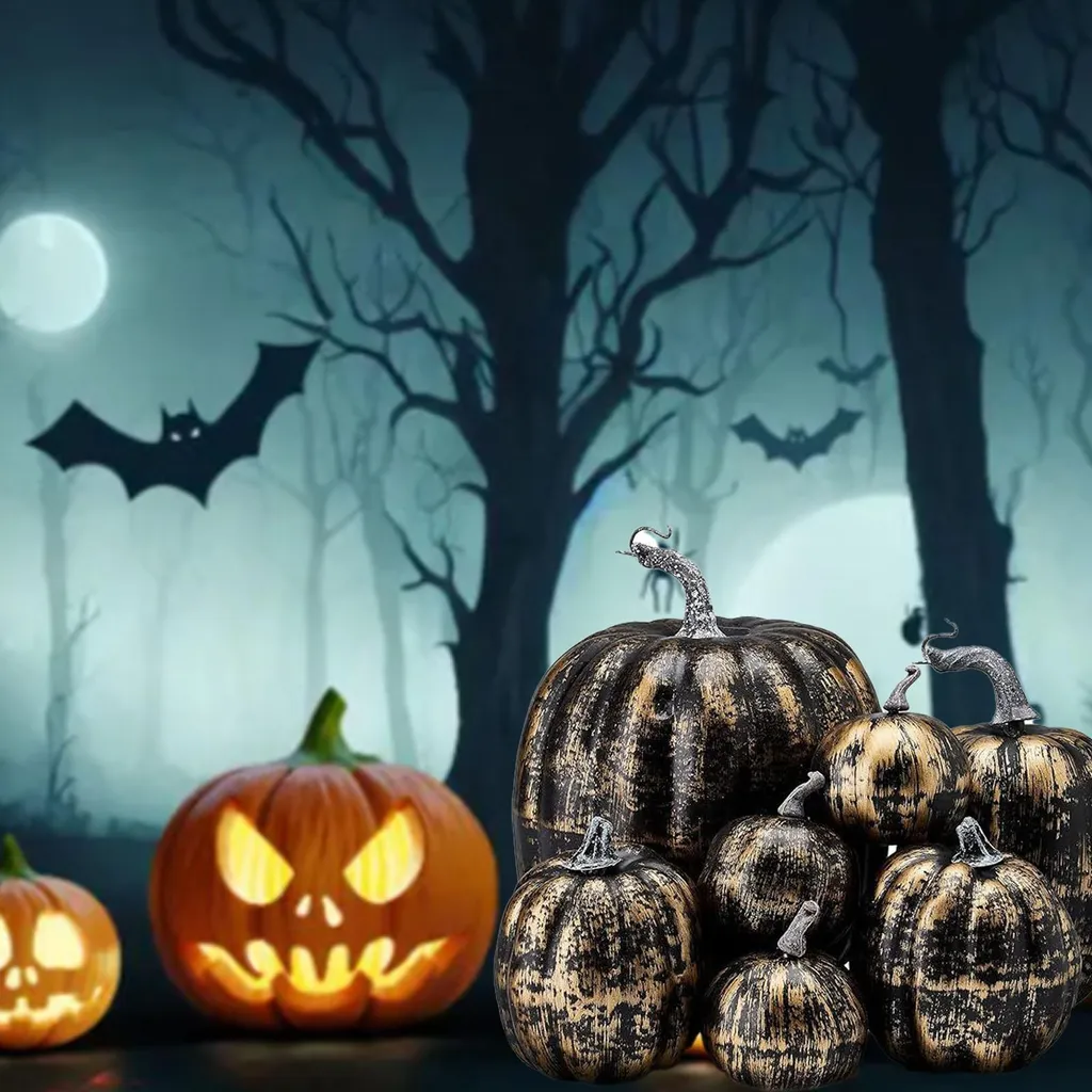 7 pezzi decorazione zucca, lucida e leggera, schiuma, riutilizzabile, per decorazione tavola autunno, foto, nero-oro - 5