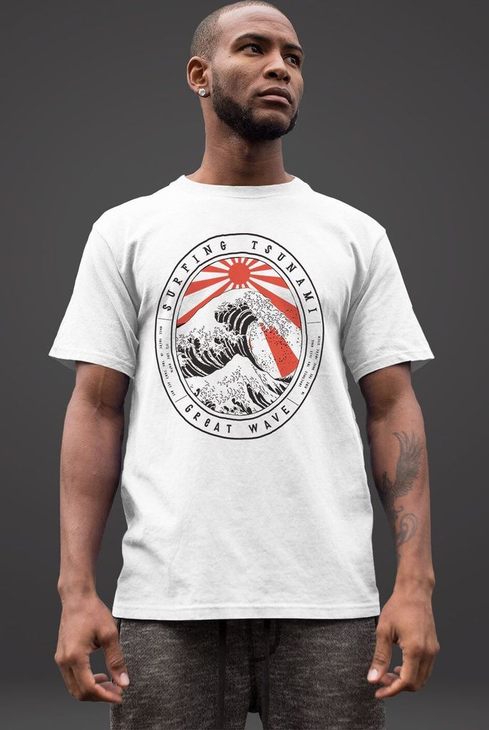 Herren T-Shirt Surfing Tsunami Great Wave Japan Vintage Retro Fashion Streetstyle Neverless weiß 3XL