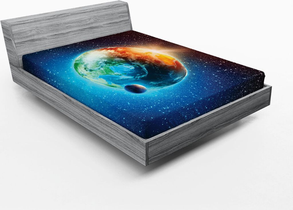 ABAKUHAUS Weltraum Spannbetttuch, Planet Erde In Sonnenstrahlen Elemente Astronomie Atmosphäre Himmel Satelliten Mond Bild, 135 x 190 cm, Blau Rot