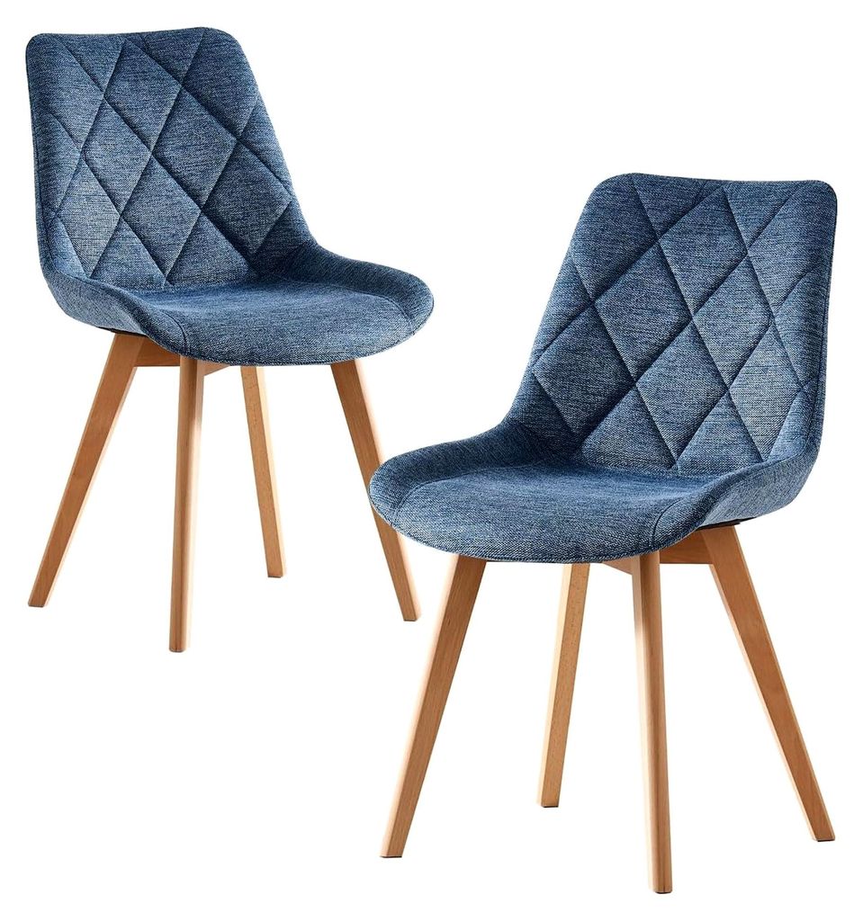 Esszimmerstühle Tania 2er Set – Polsterstuhl mit ergonomischer Sitzschale, Webstoff Blau, Massivholzbeine Natur, skandinavisches Design für Ess...