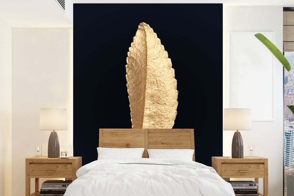 MuchoWow Fototapete für Wohnzimmer oder Schlafzimmer Wandtapete Vinyl Motivtapete Blätter - Schwarz und Gold - Luxus - Chic - Natur - 190x260 c...