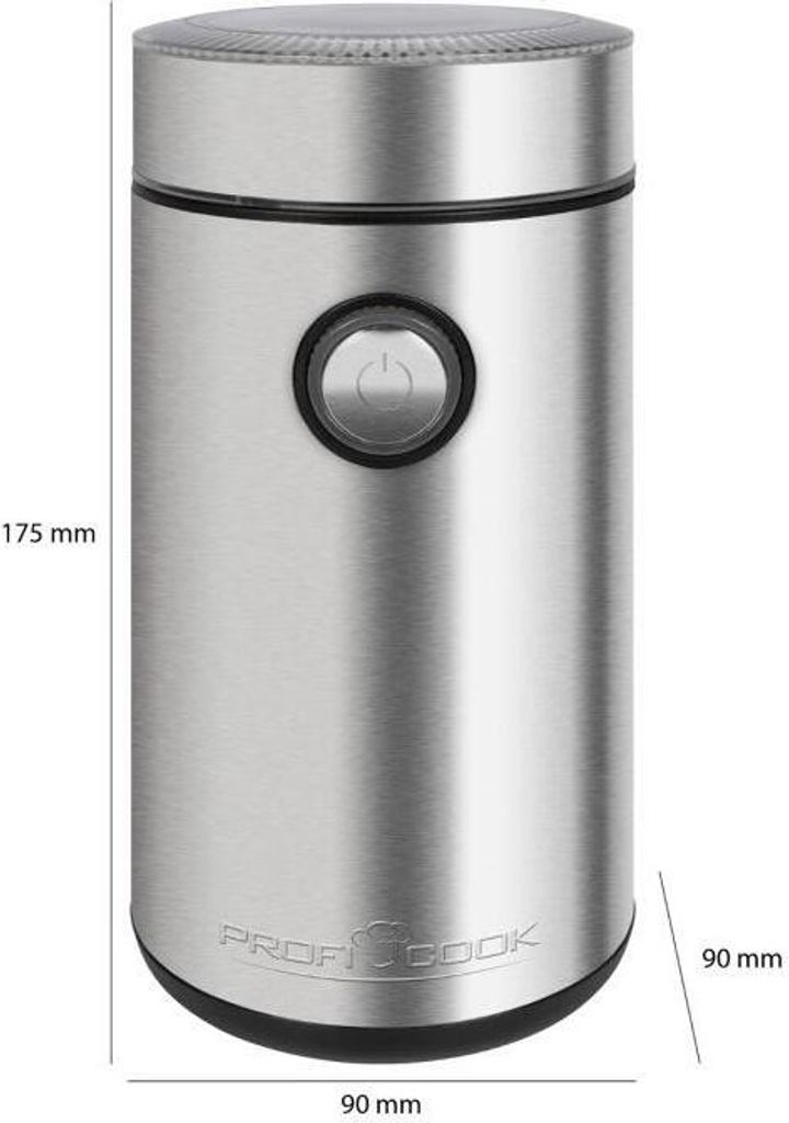 A studio shot of a silver electric coffee grinder with dimensions indicated.