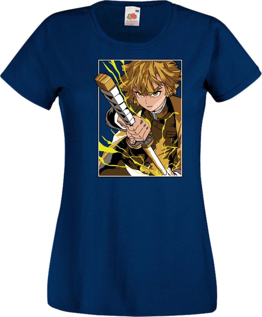 Damen T-Shirt Demon Anime Slayer Zenitsu Agatsuma Var-025 Agatsuma Lightstorm, Lady 2XL / Dunkelblau