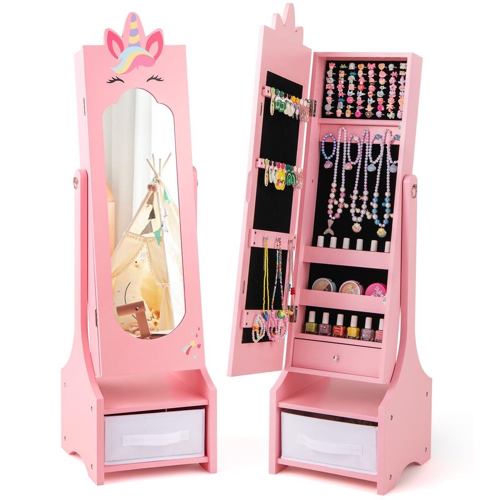 GOPLUS Kinderschmuckschrank mit Einhorn-Motiv, drehbarer Kosmetikschrank mit Ganzkörperspiegel, 18 Ohrringschlitze, 6 Armbänderhaken etc., ab 3 J...