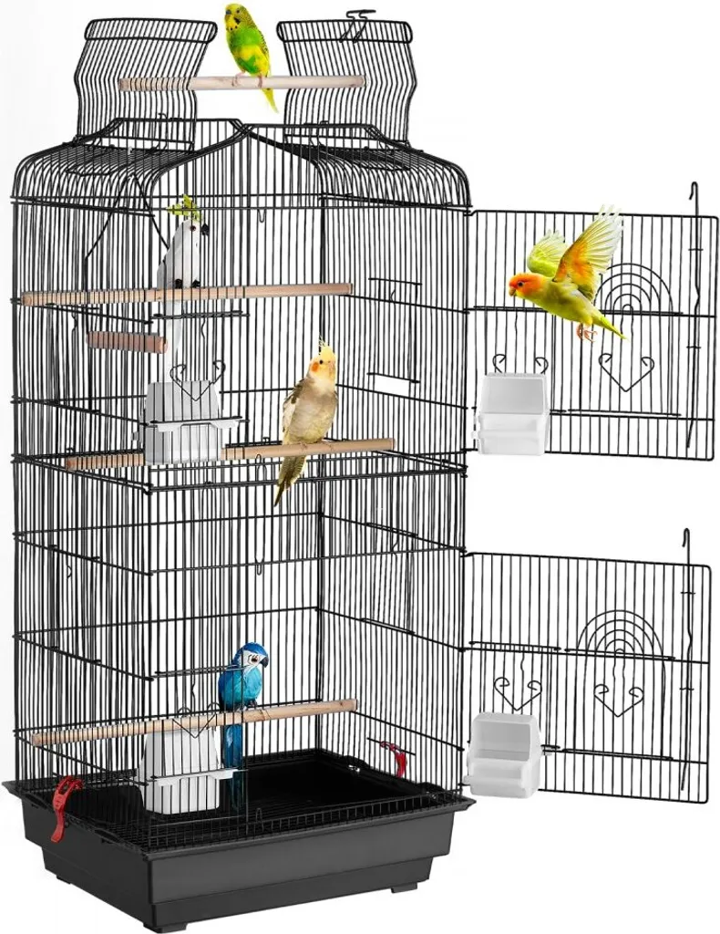 Cage à oiseaux haute en métal noir avec bac amovible pour perruche