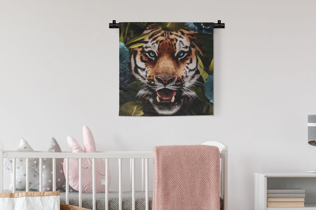 MuchoWow Wandteppich Wandbehang Tiger - Dschungel - Blumen 60x60 cm Tapisserie Dekoration Wandtuch - Dekorationen - Wand Decke