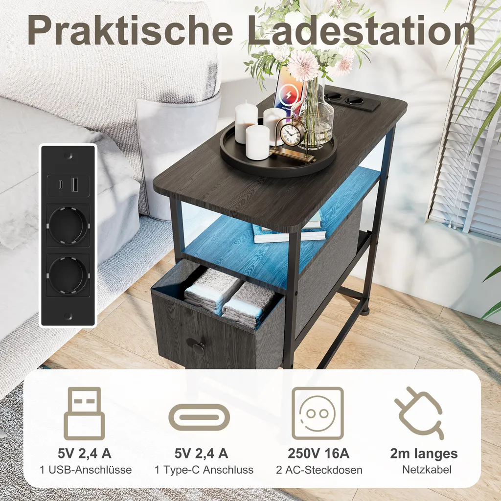Table de chevet LED noire moderne avec tiroir et station de charge EU - 6