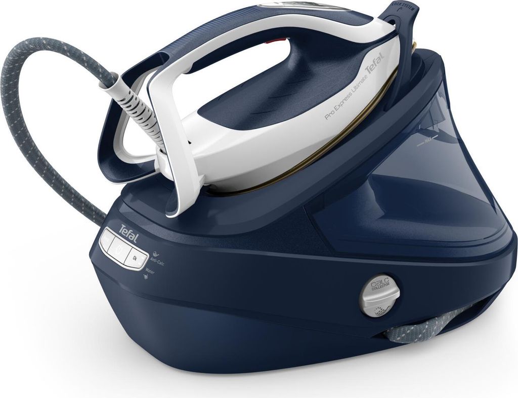 A blue and white steam ironing station is shown against a white background.