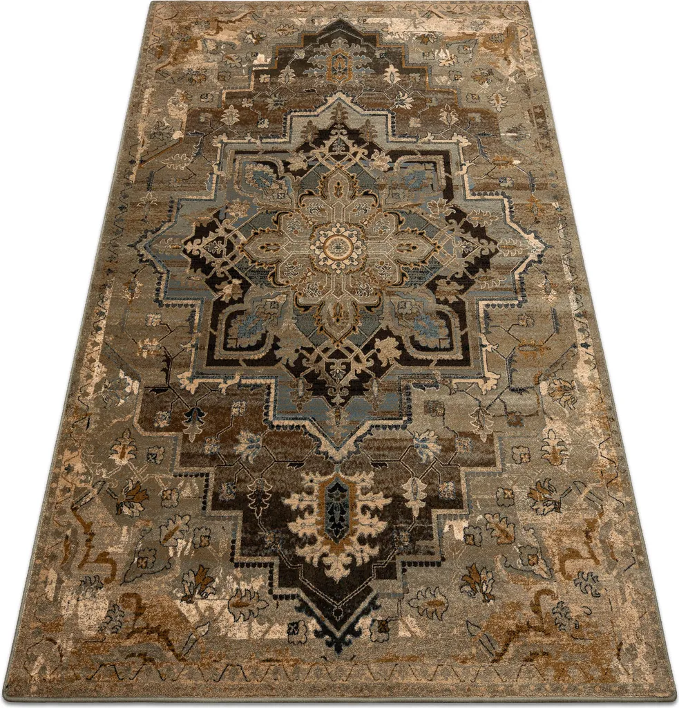Tapis de salon vintage en laine beige et cognac rosette 170x235 cm