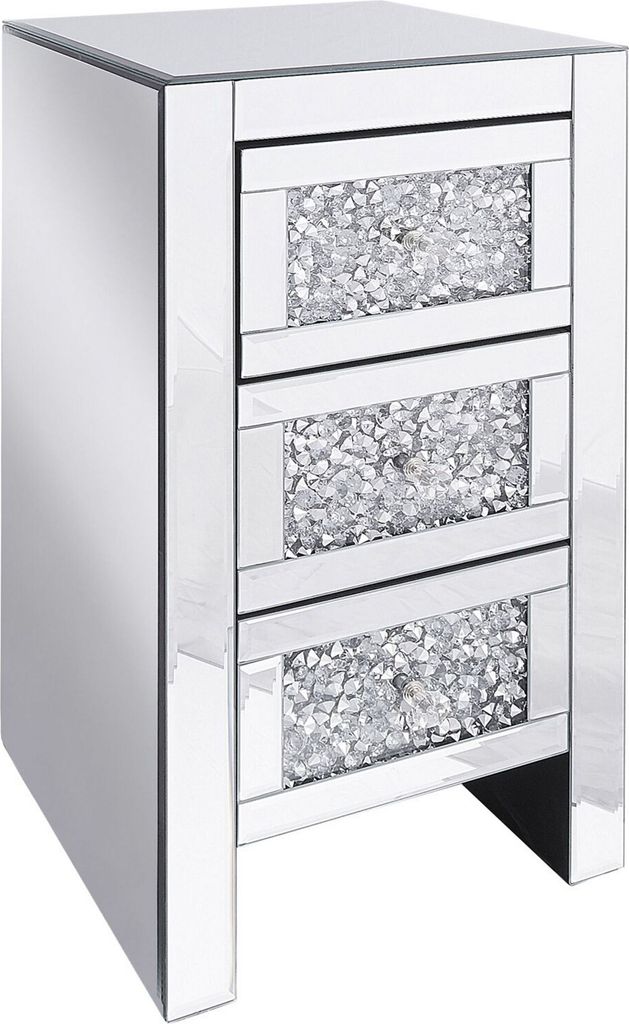 BELIANI Nachttisch Silber Glas 3 Schubladen verspiegelt Griffe in Diamantform Soft-Close-System Moderner Glamouröser Stil Schlafzimmer Wohnzimmer ...