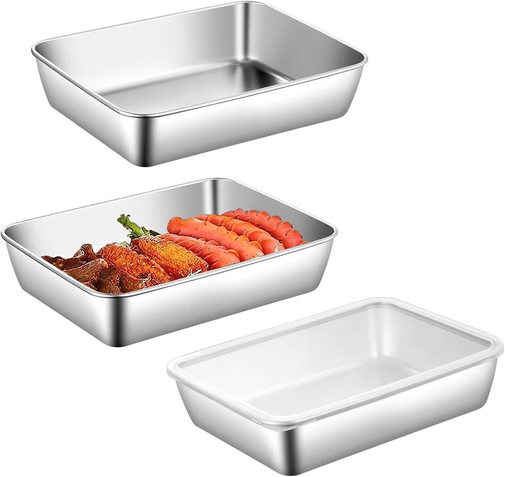 Set aus 3 Edelstahl-Kochplatten 25×19×5 cm, Panier-/Gratinform, spülmaschinenfest.