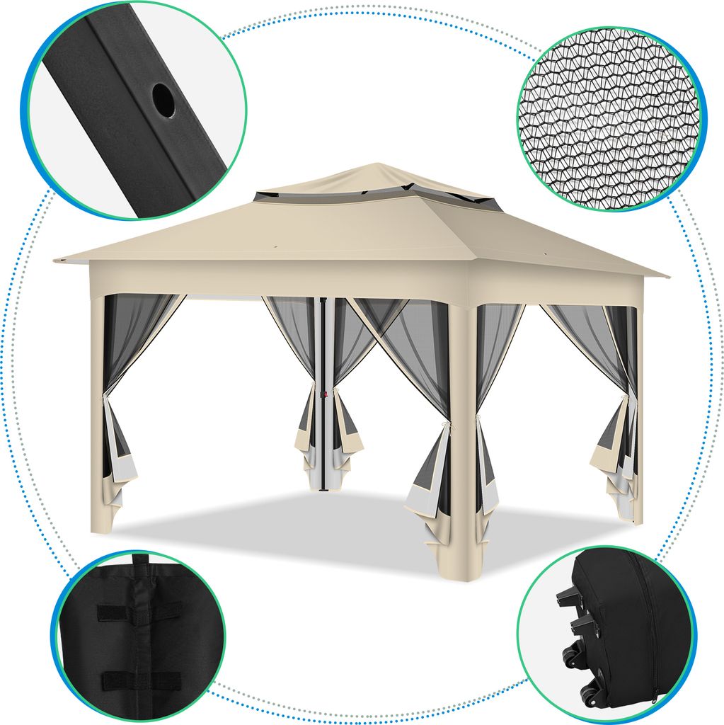 Faziango Faltpavillon Pop-up 3,3×3,3×2,68 m – Gartenpavillon mit Moskitonetz, UV-Schutz, doppelt belüftetem Dach, inkl. Tragetasche & Sandsäc...