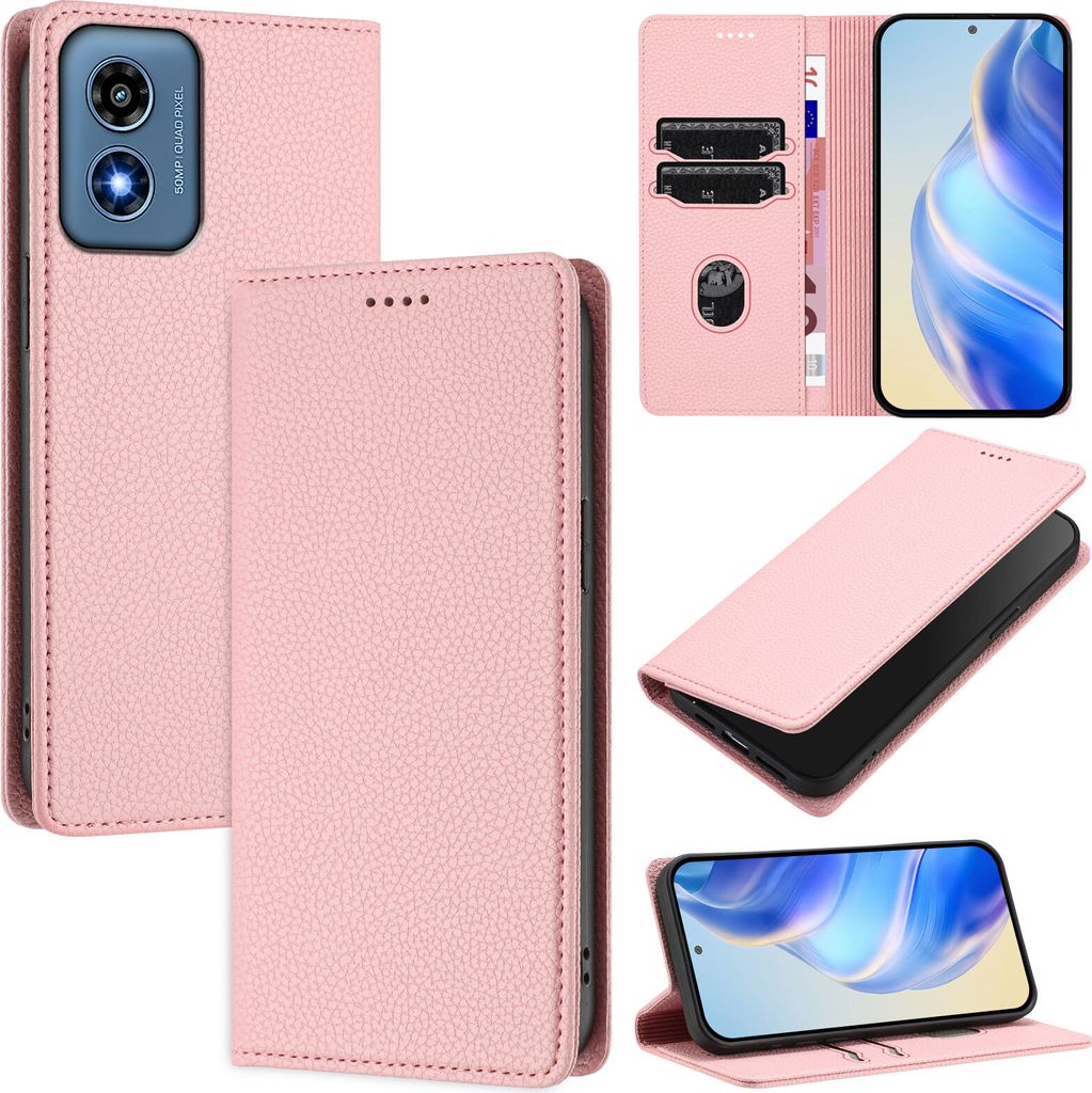 Litchi Leder Handyhülle für Motorola Moto G Play 4G 2024 Wallet Kartenfächer Standfunktion Hülle Pink