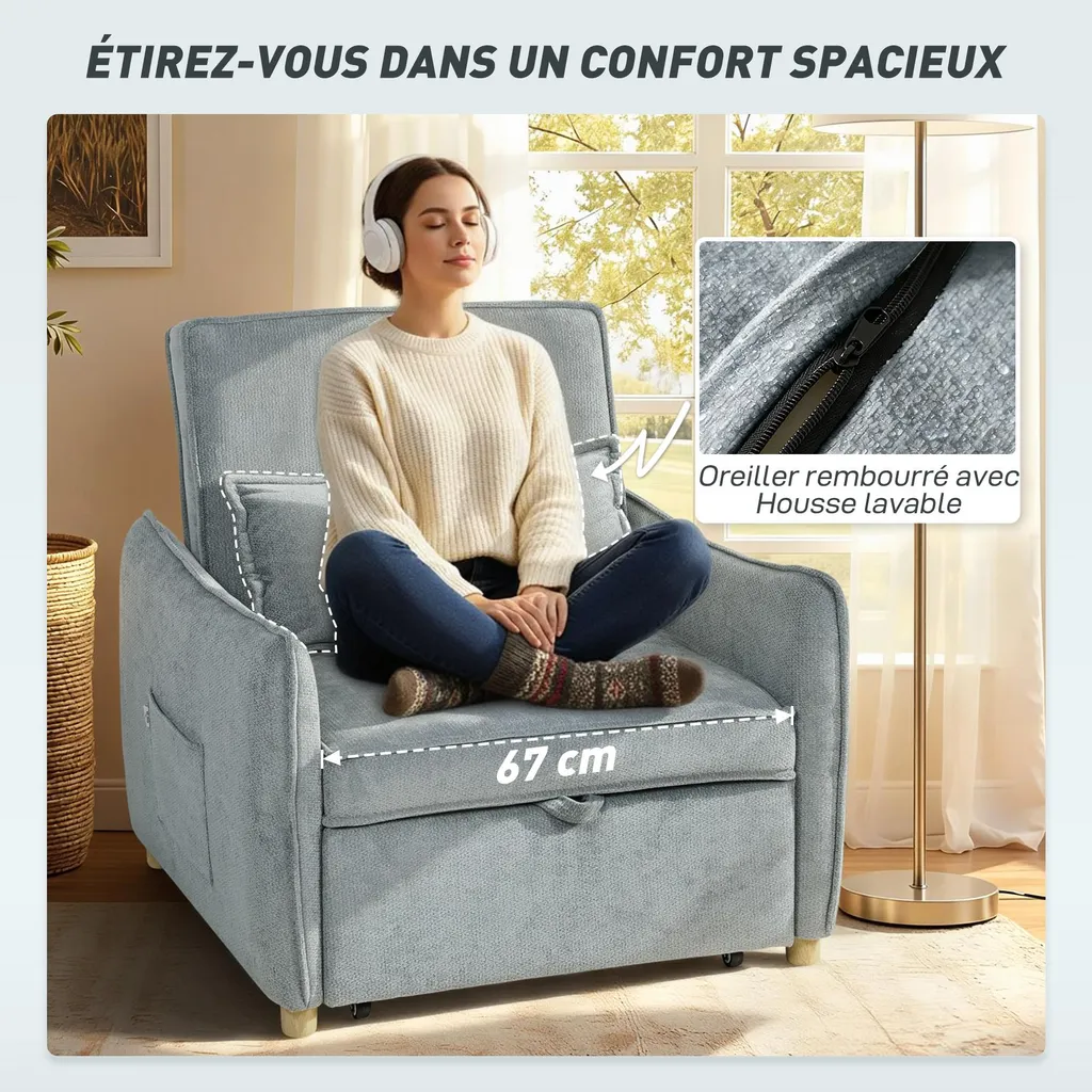 Chauffeuse convertible 1 place, fauteuil-lit en chenille grise douce - 9