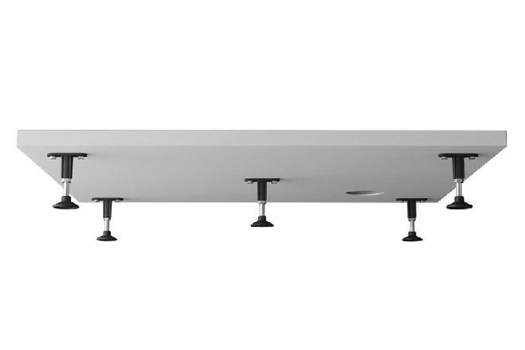 The underside of a shower tray with adjustable feet attached.